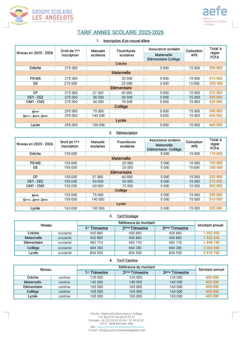 Tarifs inscription Les Angelots 2025-2026